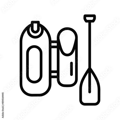 Black and white line icon of inflatable paddle board equipment including a paddle and pump isolated on