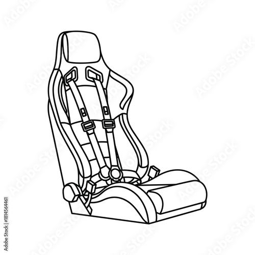 Line drawing of a racing bucket seat with a fivepoint safety harness system, isolated on