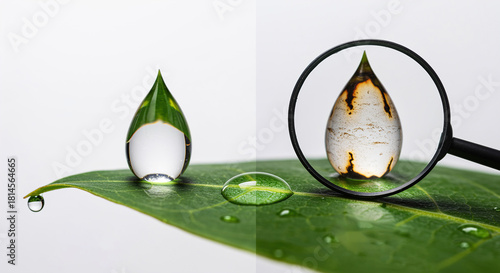Clean vs Dirty Water Drop on Leaf with Magnifying Glass pollution