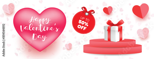Creative Valentine’s Day sale discount website banner with romantic heart elements, elegant modern layout, trendy social media cover, and  promotional vector template with gift box on 3d podium stage