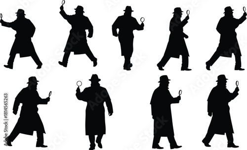 Collection of Eight Detective Silhouettes in Trench Coats and Hats Holding Magnifying Glasses, Ideal for Investigation, Mystery, Search, and Problem-Solving Concepts.