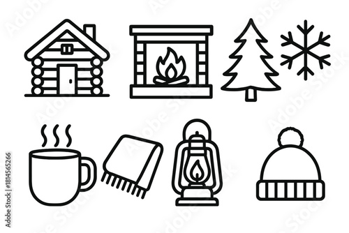 Winter Icon Set. Winter retreat linear icon set : cabin, fireplace, pine tree, snowflake, mug of cocoa, blanket, lantern, wool hat