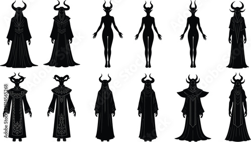 Set of Twelve Female Demon and Sorceress Silhouettes with Horns and Robes, Depicting Fantasy, Mysticism, Dark Magic, and Dungeons & Dragons Concepts.