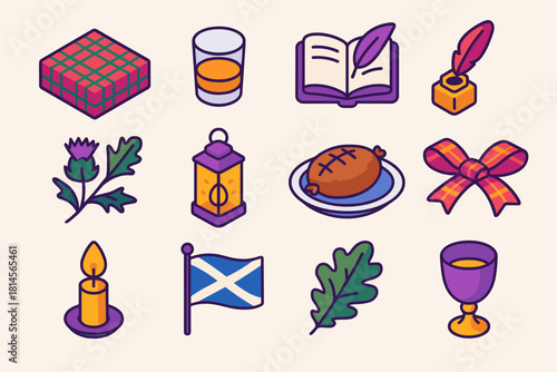 Scottish Celebration Icons. Burns Supper Table flat icon set: tartan tablecloth, whisky glass, open book, quill pen, thistle sprig, lantern glow, haggis plate, plaid ribbon, candle