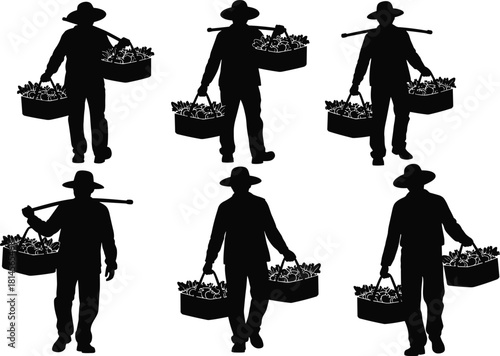 Set of Six Farmer Silhouettes Wearing Hats and Carrying Baskets of Fresh Produce, Representing Agriculture, Harvest, Hard Work, and Local Food Markets.