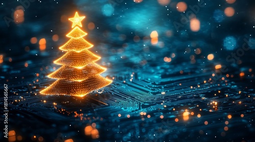 Glowing Christmas tree on a circuit board with bokeh lights brings high tech holiday cheer, perfect for modern greetings and futuristic themes.