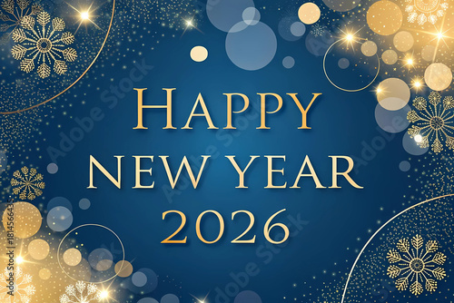 Golden Happy New Year 2026 Banner on Blue Gradient Background with Glitter & Bokeh Lights