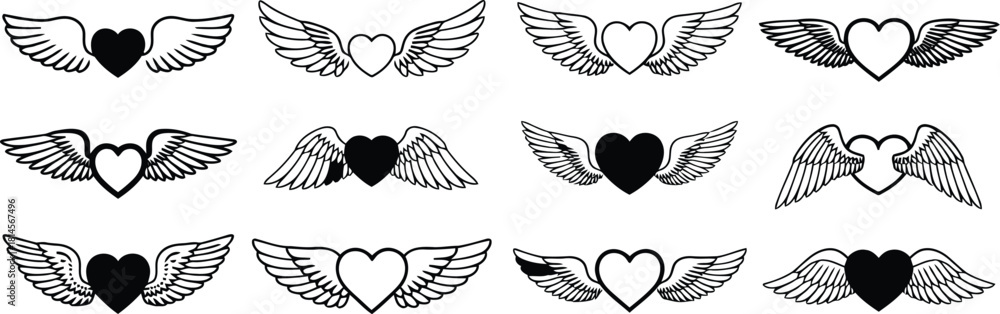 Fototapeta premium Assortment of Heart with Wings Designs Black and White Illustrations for Valentine's Day