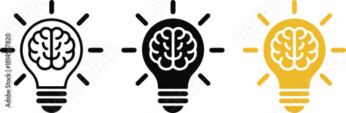 Idea lightbulb with brain icon set