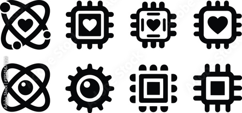 Black and White Icon Set Featuring Atoms, Hearts, Gears, and Microchips on White Background
