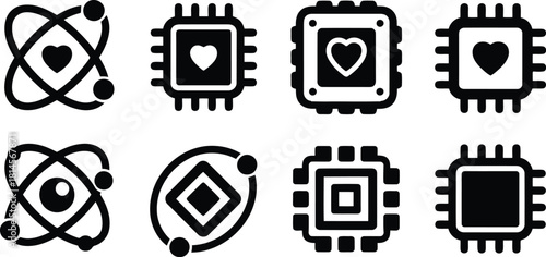 Black and White Icons of Atoms, Microchips, Hearts, and Squares in Grid Pattern