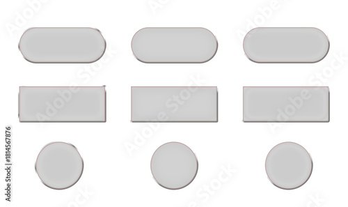 Collection nine transparent glass banners buttons set three shapes rounded rectangular sharp rectangular circles blank clear realistic 3D interface design elements isolated on checker background