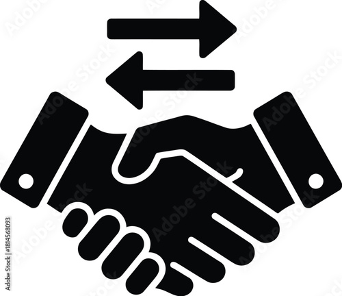 Black and White Illustration of a Handshake with Arrows for Exchange Concept