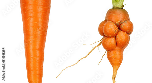 Two carrots, one regular and with tumors, isolated on white vegetable