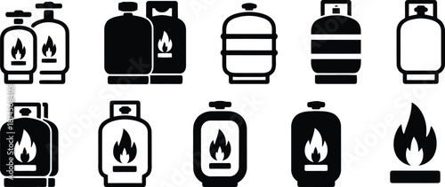 Black and White Illustration of Different Shapes of Propane Gas Tanks and Flame