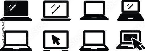 Black and White Laptop Computer Icons Set Minimalist Design for Technology and Digital Media