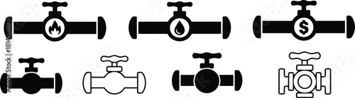 Black and White Set of Six Unique Valve Icon Illustrations with Varying Designs