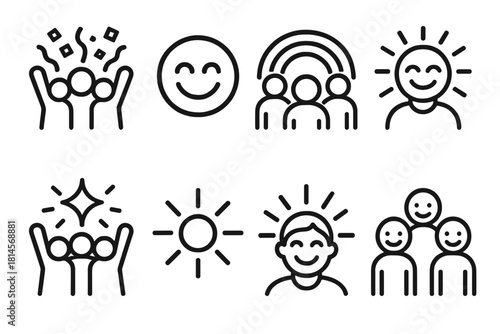 Joyful Celebration Icons. Celebration of Joy linear icon set: cheerful crowd, bright confetti, radiant smile, rainbow arc, shining light, joyful expression, spark icon, warm sun