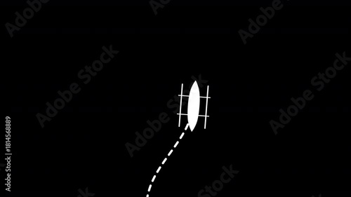 fishing boat with dotted path upward animation on black background. 4k video dashed line path route animation