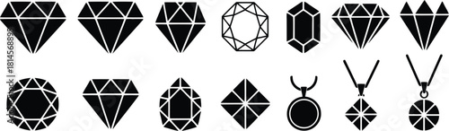 Black and White Line Art Assorted Diamond and Gemstone Shapes, Including Pendant Necklaces