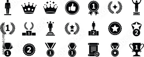 Black Silhouette Icons Depicting Medals, Crowns, Trophies, Rewards, and Figures on Stands Against White Backdrop
