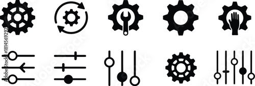 Black Silhouette of Gear Cogs, Settings Icons and Adjustment Symbols on White