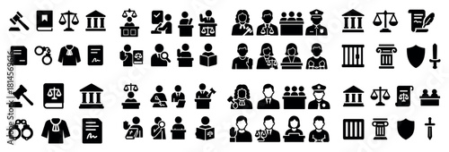 Law and justice icons: people, scales, courtroom symbols