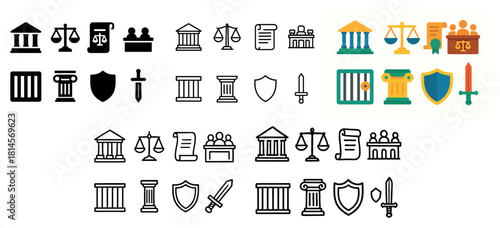 Legal icons set: scales, gavel, shield, document