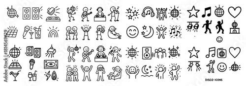 Diverse disco icons: music, dance, fun, party symbols