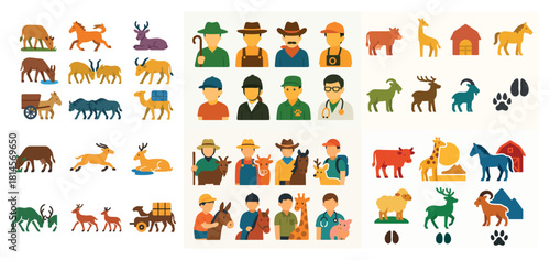 Farm and wildlife icons with diverse characters