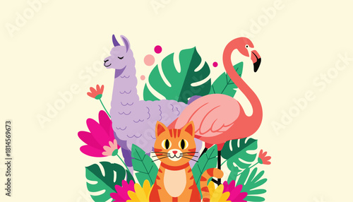 Vector artwork of whimsical wildlife scene featuring colorful animals and lush floral background