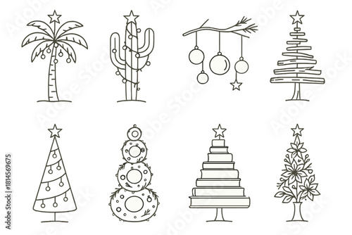 Alternative Holiday Trees. Alternative holiday trees concept linear icon set: decorated palm tree, cactus with lights, branch with ornaments, driftwood tree, metal tree frame