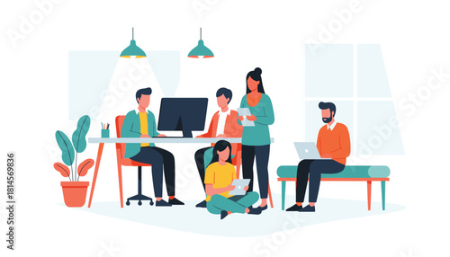 Vector artwork of modern office environment with seated and standing team members in action