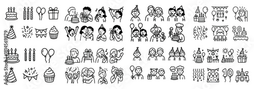 Celebration icons: parties, cakes, and balloons