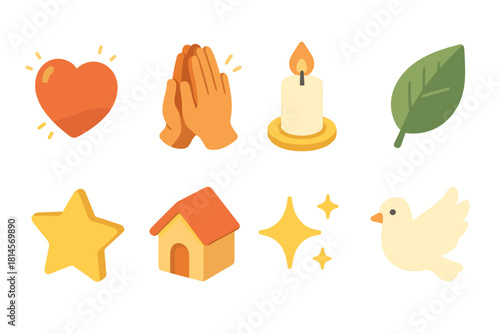 Modern Grateful Icons. Grateful hearts flat icon set : glowing heart, hands of thanks, candlelight, leaf, star, home, sparkle, dove