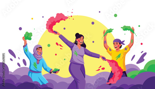 Holi celebration vector illustration with colorful powder clouds and joyful dancing figures
