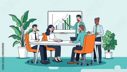 Business meeting vector illustration with professionals analyzing charts and collaborating around a table