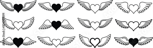Collection of Twelve Heart Symbols with Wing Designs in Black and White Outline Style