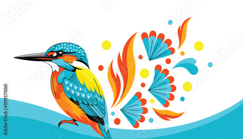 Vector artwork of stylized kingfisher with decorative feathers and bold color palette
