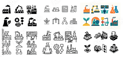 Industrial icons: factories, chemistry, automation