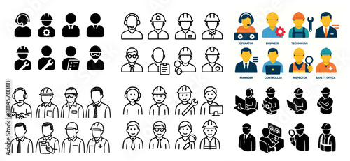Diverse industrial worker icons in various styles