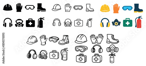 Safety equipment icons set: helmets, gloves, boots, goggles