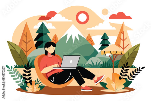 Female freelancer working in nature, flat illustration, vector illustration.
