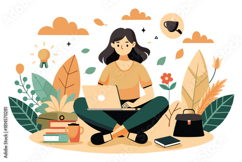Female freelancer working in nature, flat illustration, vector illustration.