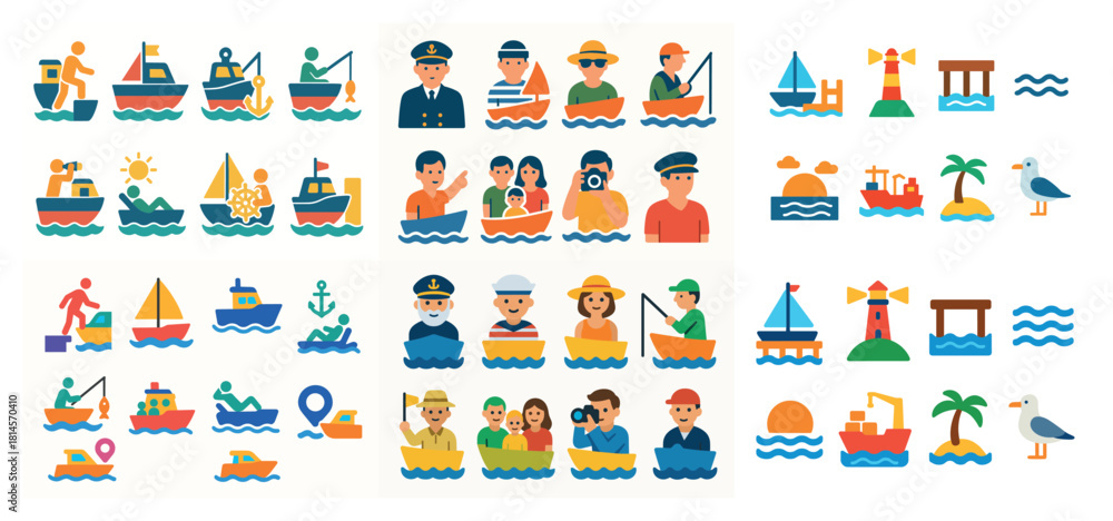 Fototapeta premium Colorful nautical icons and diverse people illustrations