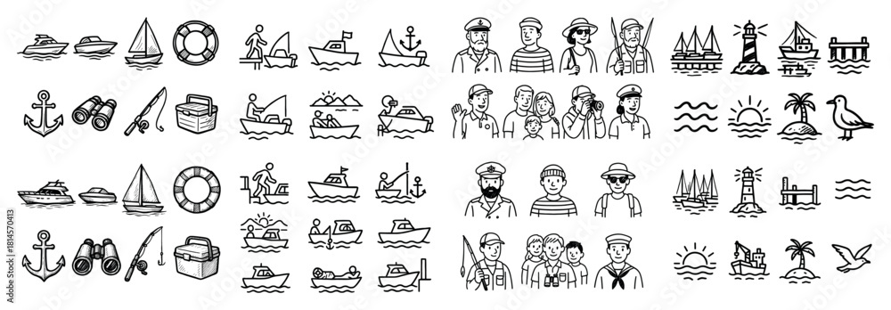 Fototapeta premium Nautical doodles of boats and sailors