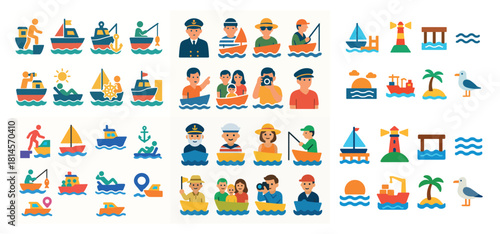 Colorful nautical icons and diverse people illustrations