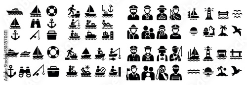 Nautical icons: ships, people, lighthouses, anchors
