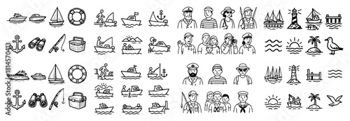 Nautical doodles of boats and sailors