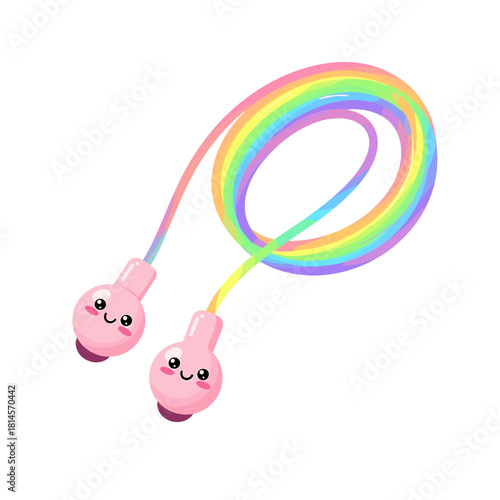 Cute Jumping Rope Vector Illustration with Rainbow Colors and Kawaii Faces on Transparent Background